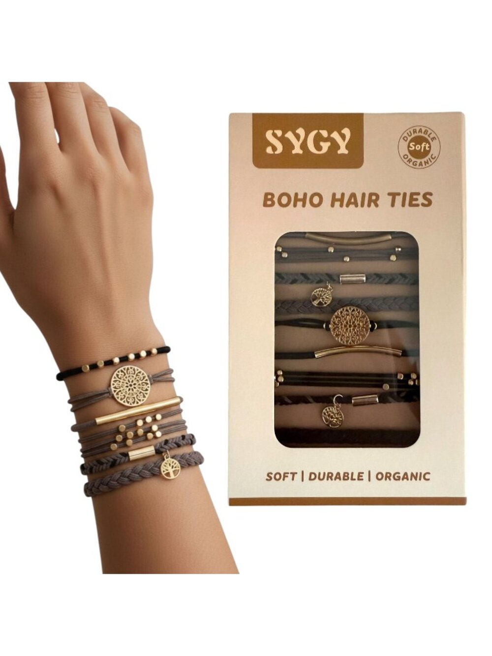 SYGY Hair Ties 10 PCS Boho Bracelet Set Grey Braided Ponytail Holders
